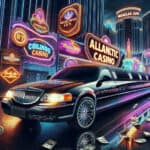 Black limousine outside neon-lit Atlantic casino at night