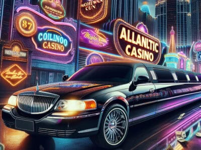 Black limousine outside neon-lit Atlantic casino at night