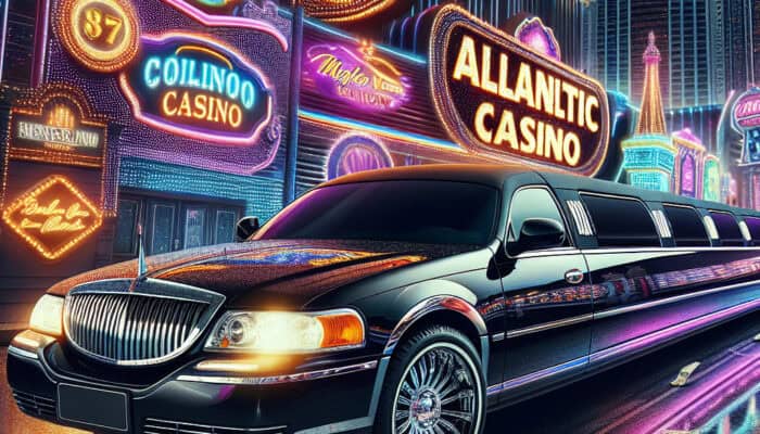 Black limousine outside neon-lit Atlantic casino at night