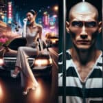 Glamorous woman on luxury car; prisoner behind bars.