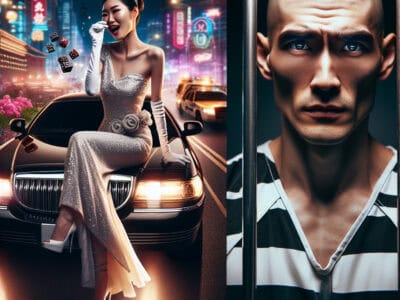 Glamorous woman on luxury car; prisoner behind bars.