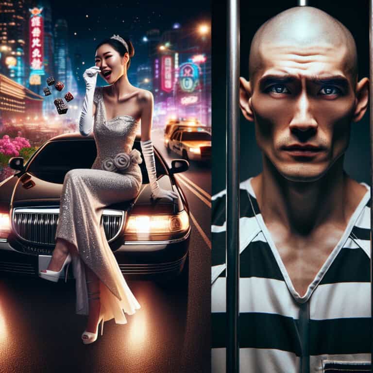 Glamorous woman on luxury car; prisoner behind bars.