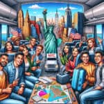 Friends touring New York City with Statue of Liberty