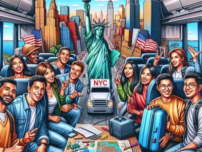Friends touring New York City with Statue of Liberty