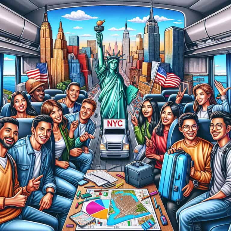 Friends touring New York City with Statue of Liberty