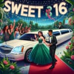 Teen girl in green gown at Sweet 16 limousine