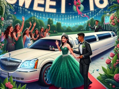 Teen girl in green gown at Sweet 16 limousine
