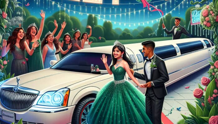 Teen girl in green gown at Sweet 16 limousine