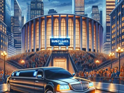 Limousine arriving at crowded NYC arena at night