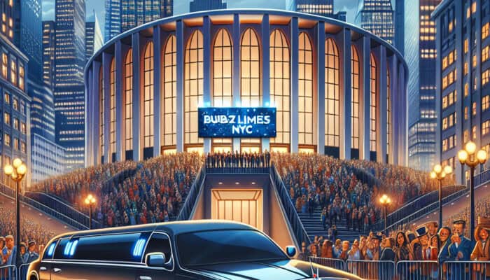 Limousine arriving at crowded NYC arena at night