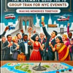 Group celebrating NYC event with skyline and transport icons