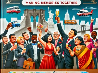 Group celebrating NYC event with skyline and transport icons