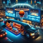 Luxury limousine outside neon-lit basketball arena at night