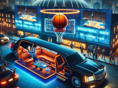 Luxury limousine outside neon-lit basketball arena at night