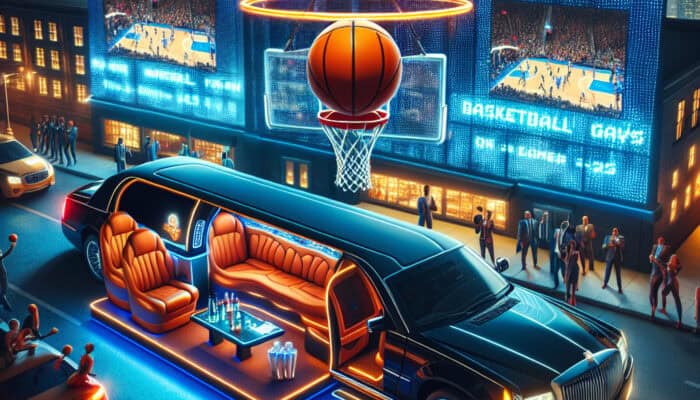 Luxury limousine outside neon-lit basketball arena at night