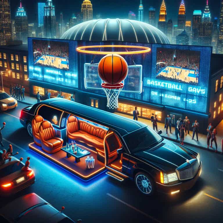 Luxury limousine outside neon-lit basketball arena at night