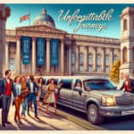 Tourists exiting limousine outside grand London landmark