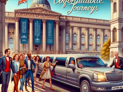 Tourists exiting limousine outside grand London landmark