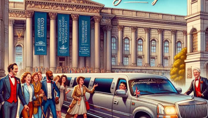 Tourists exiting limousine outside grand London landmark