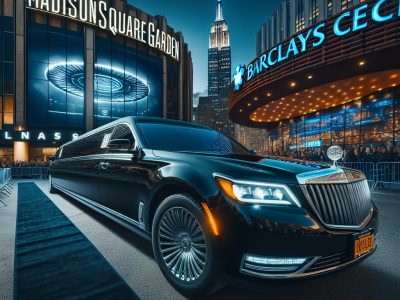 Black limousine outside Madison Square Garden at night