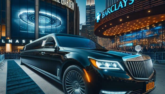 Black limousine outside Madison Square Garden at night
