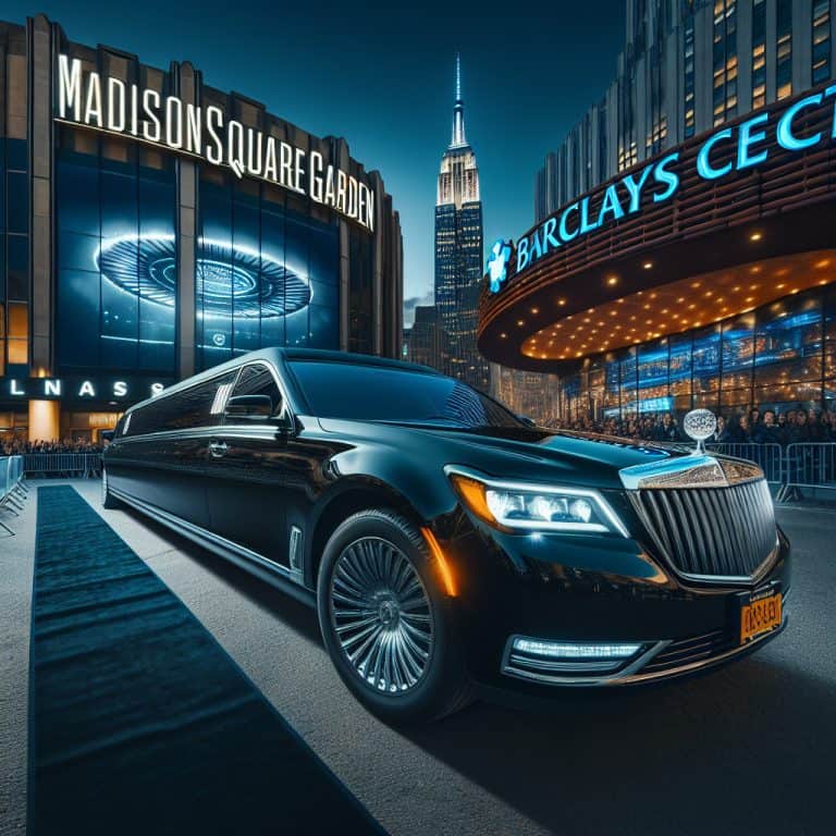 Black limousine outside Madison Square Garden at night