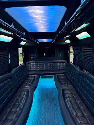 Luxury limousine interior with blue ambient lighting