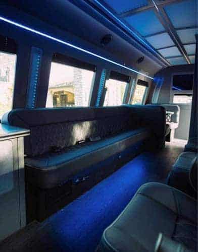 Luxury limousine interior with blue LED lighting