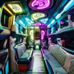 Neon-lit luxury party bus interior with leather seating