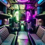 Futuristic neon-lit luxury limousine interior with leather seats