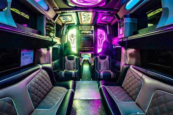 Futuristic neon-lit luxury limousine interior with leather seats