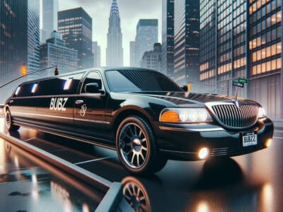 Black stretch limousine on wet city street at dusk
