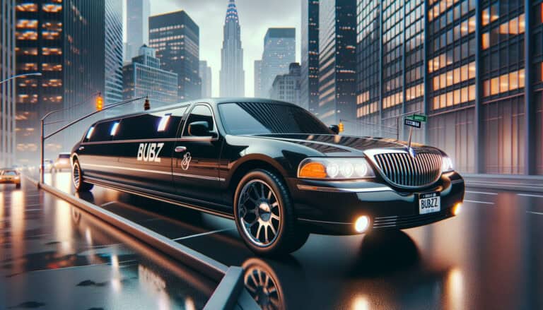 Black stretch limousine on wet city street at dusk