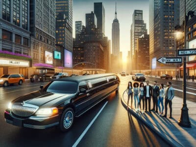 Stretch limousine and group in New York sunset