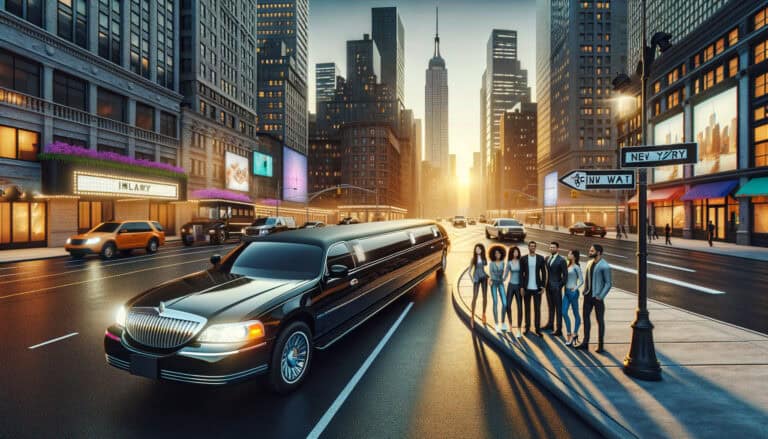 Stretch limousine and group in New York sunset