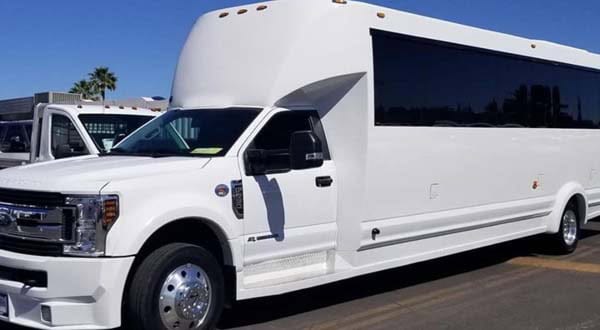 White stretch limousine bus parked outdoors