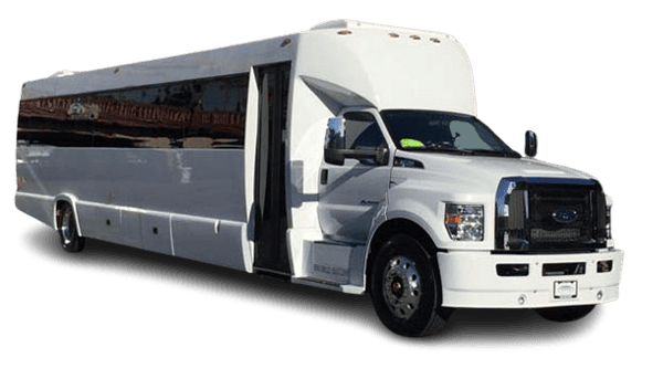 White shuttle bus with passenger door open