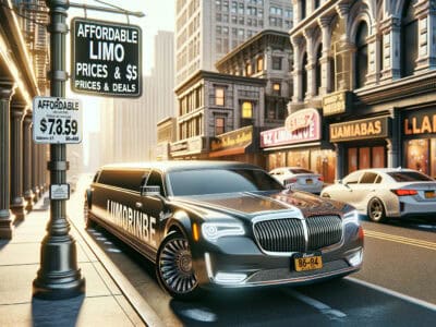 Black limousine parked under affordable limo sign