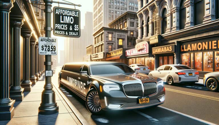 Black limousine parked under affordable limo sign