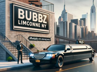 Black limousine and chauffeur with NYC skyline backdrop
