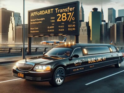 Black stretch limousine by NYC skyline and billboard