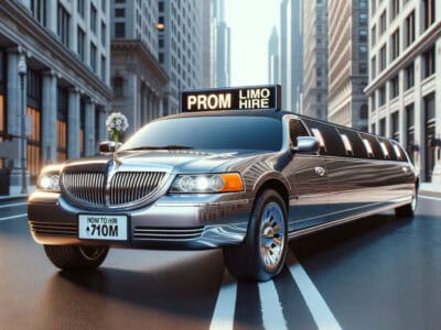 Silver prom limousine parked on city street