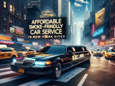 Limousine on NYC street with smoke-friendly service billboard