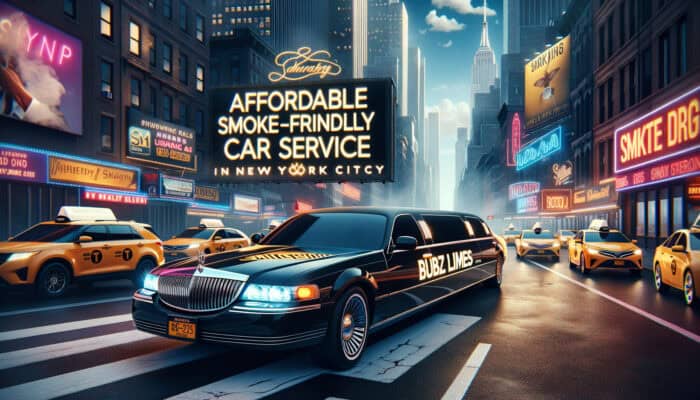Limousine on NYC street with smoke-friendly service billboard