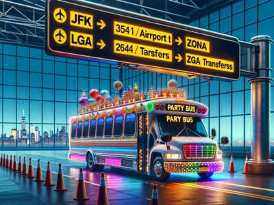 Colorful party bus under JFK airport sign
