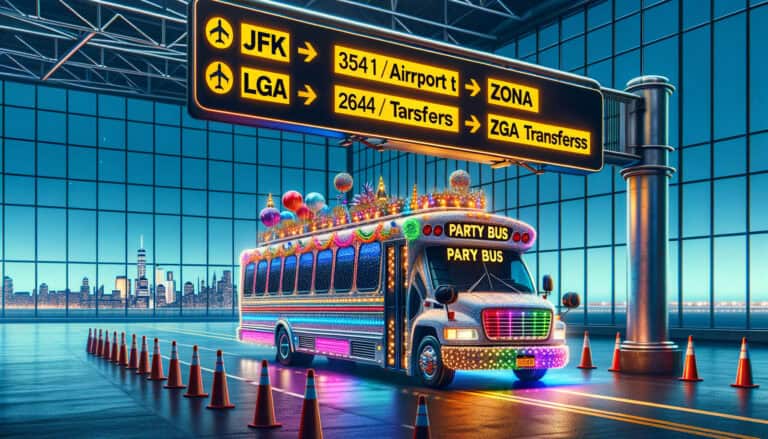 Colorful party bus under JFK airport sign