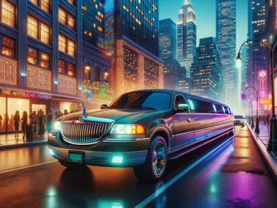 Luxury stretch limousine on neon-lit city street at night