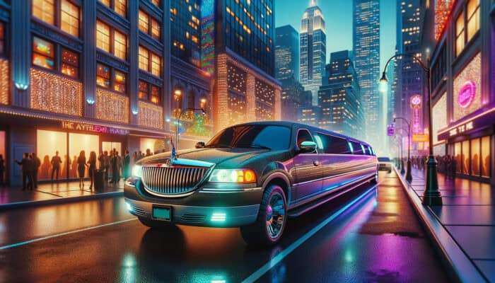 Luxury stretch limousine on neon-lit city street at night