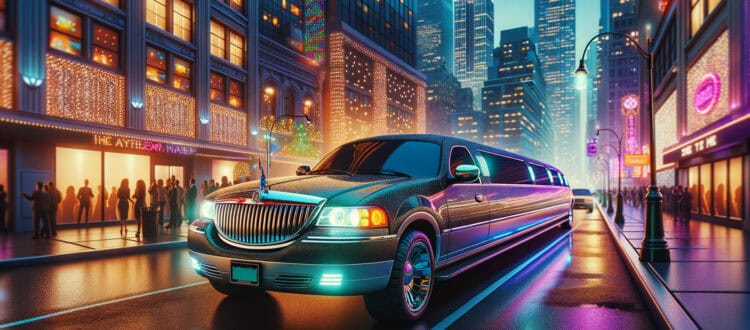 Luxury stretch limousine on neon-lit city street at night