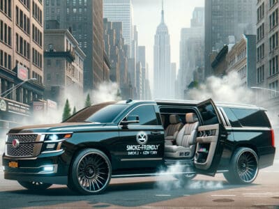 Luxury black SUV limousine with open door in city